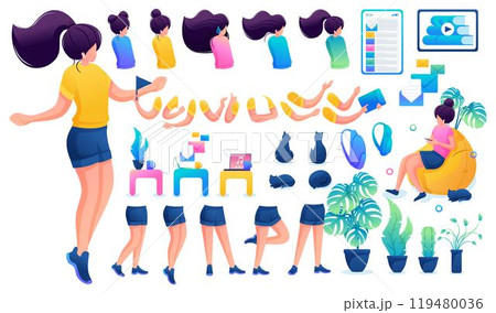 Constructor for creating a young teen girl. Create your own beautiful girl character with a set of hands and feet. Flat 2D vector illustration N5 119480036