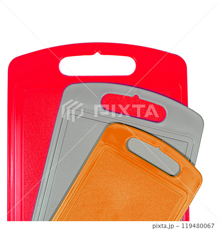 Chopping cutting board set on white background. Cutting boards plastic isolated set of three Chopping cutting board set on white background. Cutting boards plastic isolated set of three 119480067
