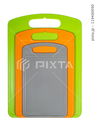 Chopping cutting board set on white background. Cutting boards plastic isolated set of three 119480090