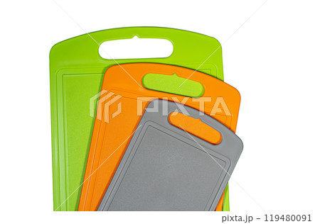 Chopping cutting board set on white background. Cutting boards plastic isolated set of three Chopping cutting board set on white background. Cutting boards plastic isolated set of three 119480091