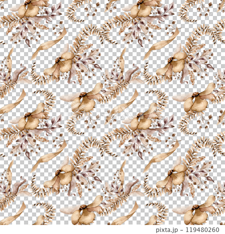 Palm leaves, abstract flowers and stems in sepia colors on seamless background. Pattern with flowers monochrome in watercolor brown color. Fantasy branches hand drawn. Design for textile, package 119480260