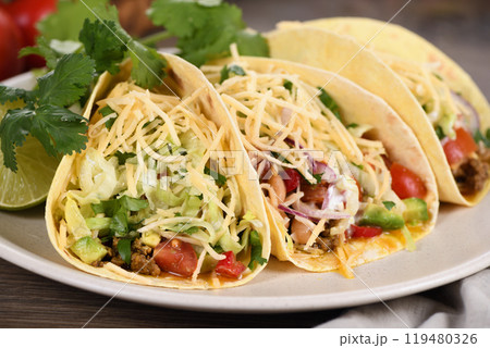 Beef and avocado tacos Beef and avocado tacos 119480326