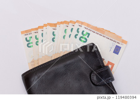 Black Leather Men Wallet with Fifty Euro Banknotes Inside Black Leather Men Wallet with Fifty Euro Banknotes Inside 119480394