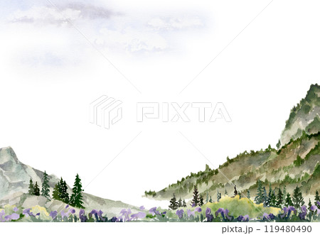 Scenery landscape coniferous forest fir spruce trees, mountains fields hills alpine vista, cloudy sky hand drawn in watercolor. Horizontal frame for tourism, resort ads, hiking camping sites vacation. Scenery landscape coniferous forest fir spruce trees, mountains fields hills alpine vista, cloudy sky hand drawn in watercolor. Horizontal frame for tourism, resort ads, hiking camping sites vacation. 119480490