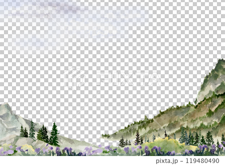Scenery landscape coniferous forest fir spruce trees, mountains fields hills alpine vista, cloudy sky hand drawn in watercolor. Horizontal frame for tourism, resort ads, hiking camping sites vacation. Scenery landscape coniferous forest fir spruce trees, mountains fields hills alpine vista, cloudy sky hand drawn in watercolor. Horizontal frame for tourism, resort ads, hiking camping sites vacation. 119480490