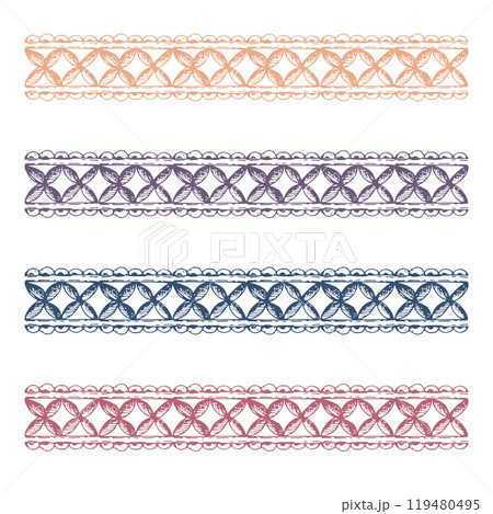 Ribbon lace braid zigzag tassel. Hand drawn ink vector illustration sewing craft embroidery supplies. Set of isolated objects on white background. Design atelier, tailor, hobby shop, fashion boutique Ribbon lace braid zigzag tassel. Hand drawn ink vector illustration sewing craft embroidery supplies. Set of isolated objects on white background. Design atelier, tailor, hobby shop, fashion boutique 119480495