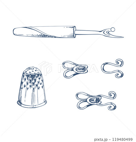 Clothing hook clasps, metal silver thimble, seam ripper tool. Hand drawn ink vector illustration sewing craft supplies. Set of objects isolated on white background. Design atelier, tailor, hobby shop 119480499