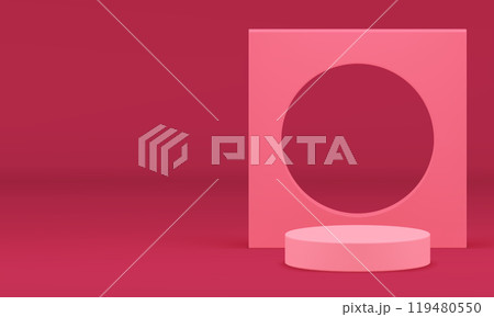 Pink 3d display cylinder podium with geometric wall background for presentation realistic vector 119480550