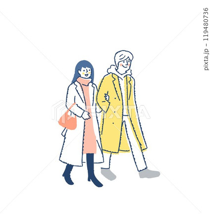 並んで歩いている冬服の若いカップル 119480736