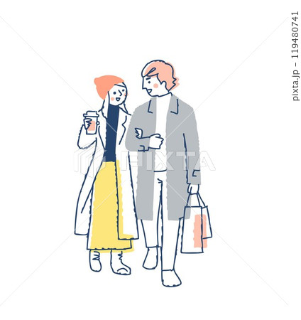 並んで歩いている冬服の若いカップル 119480741