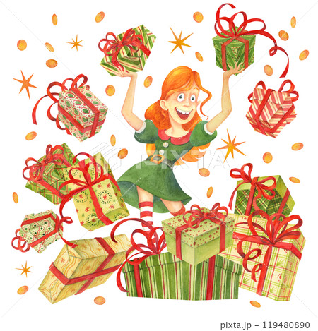 Red-haired smiling cartoon teen girl jumps out of pile of gift boxes, holding presents in her hands. Watercolor illustration of flying boxes for surprise party, celebration, festive event, presents Red-haired smiling cartoon teen girl jumps out of pile of gift boxes, holding presents in her hands. Watercolor illustration of flying boxes for surprise party, celebration, festive event, presents 119480890