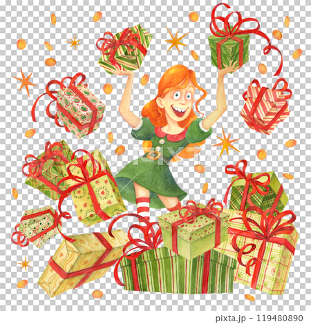 Red-haired smiling cartoon teen girl jumps out of pile of gift boxes, holding presents in her hands. Watercolor illustration of flying boxes for surprise party, celebration, festive event, presents Red-haired smiling cartoon teen girl jumps out of pile of gift boxes, holding presents in her hands. Watercolor illustration of flying boxes for surprise party, celebration, festive event, presents 119480890