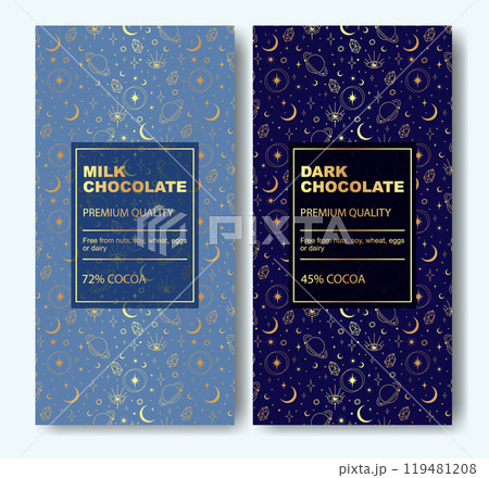 Organic dark and milk chocolate bar design. Modern typography and hand drawn cosmic sketch 119481208