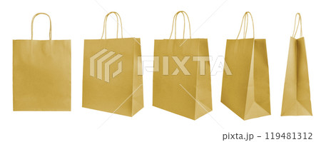 Various perspectives of yellow recycled paper shopping bags isolated on white background Various perspectives of yellow recycled paper shopping bags isolated on white background 119481312
