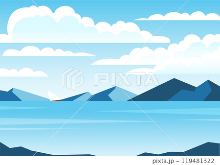 Blue landscape with sea and vessels vector illustration. Seaside with mountains. Scandinavian nature 119481322
