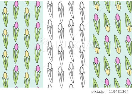 Outline and colorful hand drawn tulips Seamless pattern. Set of 3 Spring flower Greeting Background Outline and colorful hand drawn tulips Seamless pattern. Set of 3 Spring flower Greeting Background 119481364