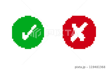 Circle Buttons of Green Check and Red Cross Icon in Pixel Art Style. Check Mark Icon. Check Box Icon with Right and Wrong Circle Buttons. Isolated Vector Illustration Circle Buttons of Green Check and Red Cross Icon in Pixel Art Style. Check Mark Icon. Check Box Icon with Right and Wrong Circle Buttons. Isolated Vector Illustration 119481368