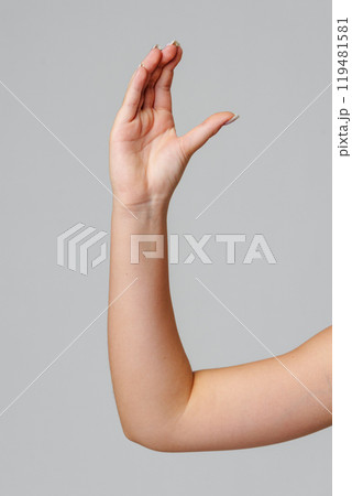 Raised hand against a neutral background in a softly lit setting 119481581