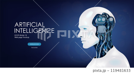 Android robot 3D with AI on a blue background. Artificial intelligence Android robot 3D with AI on a blue background. Artificial intelligence 119481633