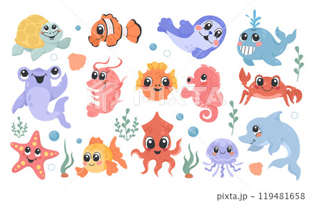 Cartoon sea characters, ocean inhabitants, isolated on white background 119481658