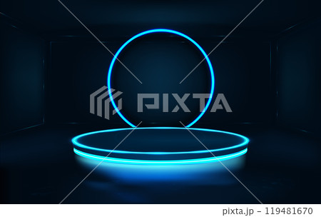 Futuristic room with circle neon podium and a round neon lamp Futuristic room with circle neon podium and a round neon lamp 119481670
