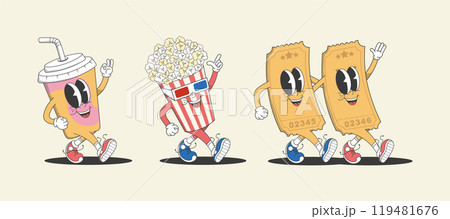 Funny cartoon characters on a cinema theme in groovy style Funny cartoon characters on a cinema theme in groovy style 119481676
