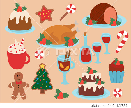 Set of Christmas Food elements. Winter holidays Dishes. Vector flat illustration. 119481781