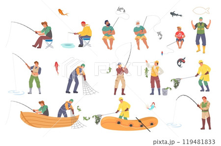 Fisherman catching fish enjoying hobby and relaxation set 119481833