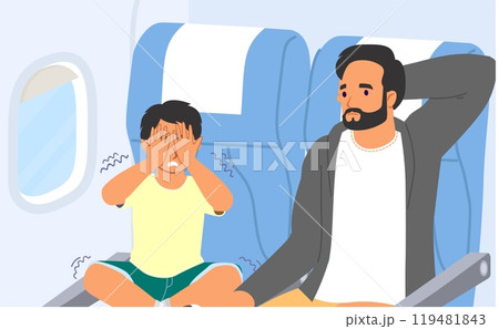 Little boy child feeling panic in plane vector illustration 119481843