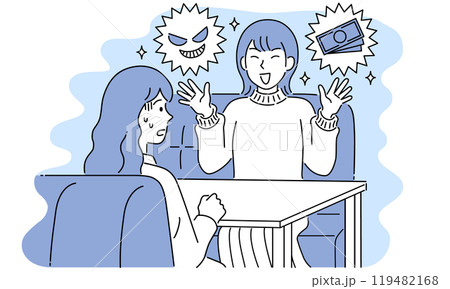 マウントをとる女性・マルチ商法の勧誘・闇バイト紹介・シンプルでポップなベクターイラスト マウントをとる女性・マルチ商法の勧誘・闇バイト紹介・シンプルでポップなベクターイラスト 119482168