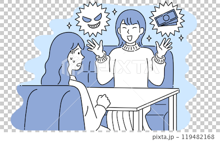 マウントをとる女性・マルチ商法の勧誘・闇バイト紹介・シンプルでポップなベクターイラスト マウントをとる女性・マルチ商法の勧誘・闇バイト紹介・シンプルでポップなベクターイラスト 119482168