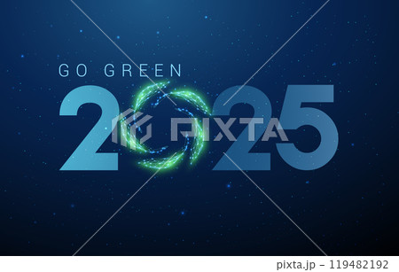 Abstract Happy 2025 New Year greeting card with green leafs in circle. Low poly technology design 119482192