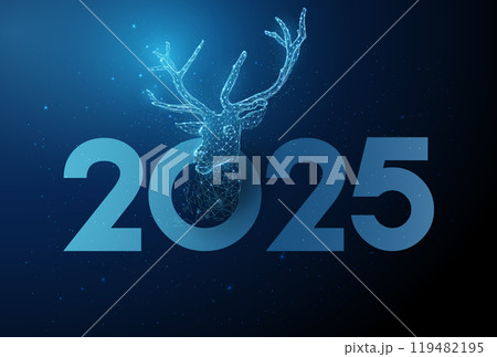 Abstract blue deer and number 2025. Low poly technology style design. Abstract blue deer and number 2025. Low poly technology style design. 119482195