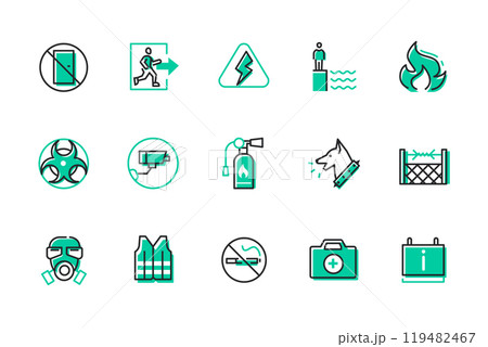 Safety signs - set of line design style icons Safety signs - set of line design style icons 119482467