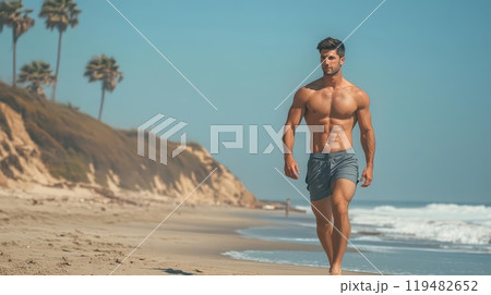 A male model in swim trunks, walking along the beach with a confident stride, highlighting his chiseled abs and muscular physique 119482652