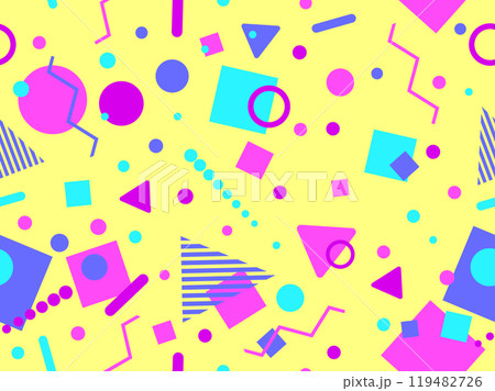 Geometric seamless pattern with memphis elements in 80s style. Colorful geometric pattern. Design of promotional products, wrapping paper and printing. Vector illustration Geometric seamless pattern with memphis elements in 80s style. Colorful geometric pattern. Design of promotional products, wrapping paper and printing. Vector illustration 119482726