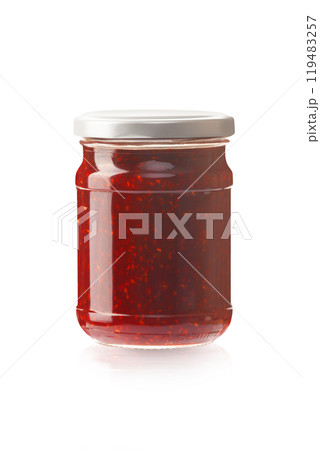 Glass jar with raspberry jam Glass jar with raspberry jam 119483257