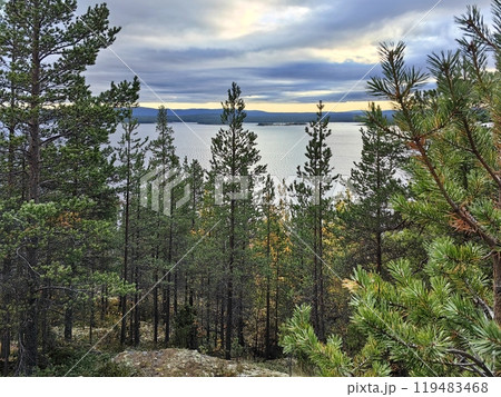 Breathtaking view of the White Sea from the lush forests of Kandalaksha, Murmansk region during the early evening Breathtaking view of the White Sea from the lush forests of Kandalaksha, Murmansk region during the early evening 119483468