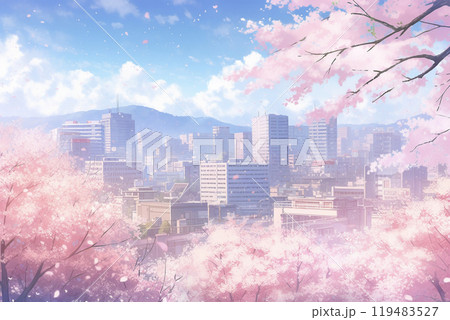 桜咲く公園から見た街並み　AI画像 119483527