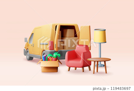3D delivery van with open door and home stuff 119483697