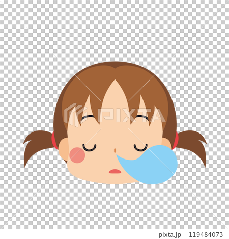 眠い表情をした可愛い小さな女の子の絵文字イラスト　アイコン　顔　白背景　ベクター 119484073