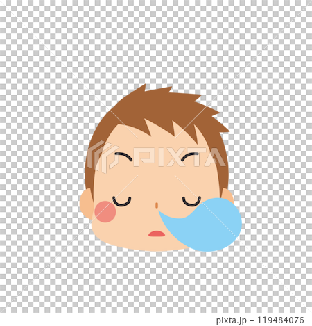 Emoji illustration of a cute little boy with a sleepy expression, icon, face, white background, vector 119484076