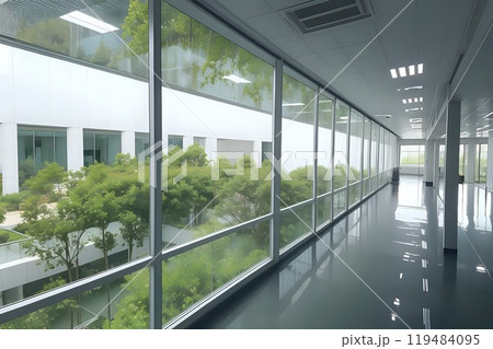 The Lilly Biotechnology Center displayed in a realistic setting, with its advanced design, glass windows, and green landscaping, emphasizing its leadership in biotechnology research and innovation 119484095