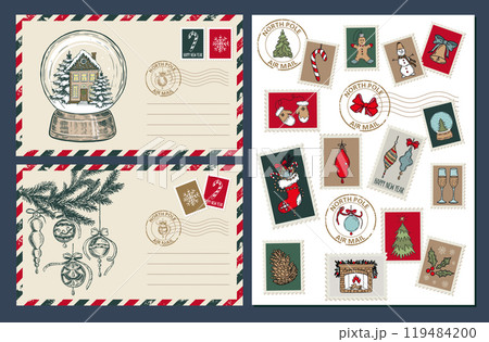 Christmas mail with toy, postcard, hand drawn illustration.	 119484200