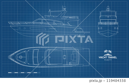 Outline yacht drawing. Side, front and top views of private ship. Modern boat contour blueprint. Cruise motorboat line art. Contour document Outline yacht drawing. Side, front and top views of private ship. Modern boat contour blueprint. Cruise motorboat line art. Contour document 119484338