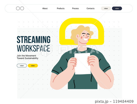 Creative Workspace: Video Conference, modern flat vector concept illustration of person engaging in virtual business meeting Connectivity, collaboration, digital interaction, remote work, productivity Creative Workspace: Video Conference, modern flat vector concept illustration of person engaging in virtual business meeting Connectivity, collaboration, digital interaction, remote work, productivity 119484409