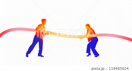 Man and woman pulling ribbon together. Business negotiation and partnership. Contemporary art collage. 119485024