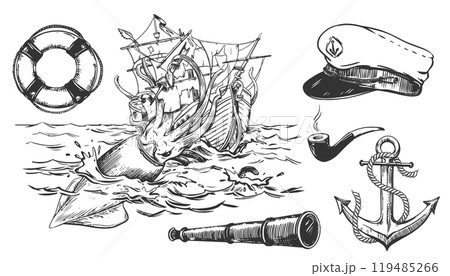 Nautical elements set. Anchor, captain's cap, lifebuoy, smoking pipe. Composition according to the legends of sailors, a huge squid attacks the ship. The kraken drags the sailboat underwater. Vector. Nautical elements set. Anchor, captain's cap, lifebuoy, smoking pipe. Composition according to the legends of sailors, a huge squid attacks the ship. The kraken drags the sailboat underwater. Vector. 119485266
