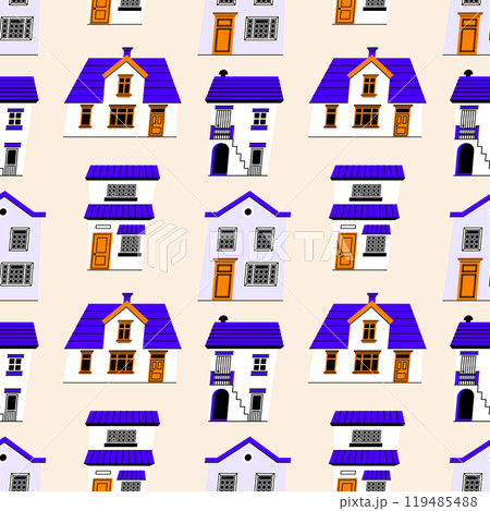 Various European Vintage Cute Houses. Hand Drawn Seamless Pattern. Flat background design. Repeating print for fabric, wrapping paper, textile 119485488