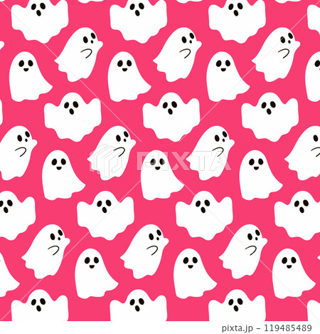 Seamless pattern with cute ghosts on pink. Halloween background design. Repeating print for fabric, wrapping paper, textile Seamless pattern with cute ghosts on pink. Halloween background design. Repeating print for fabric, wrapping paper, textile 119485489